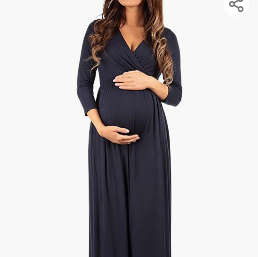 Mother Bee Maternity V-Neck 3/4 Sleeve Ruched Waist Dress
